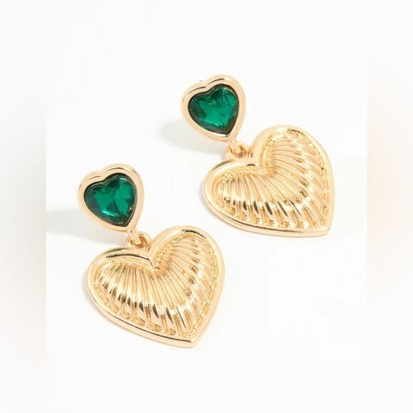 Gold Heart Earrings with Green Gemstone A1454 - Picture 1 of 3